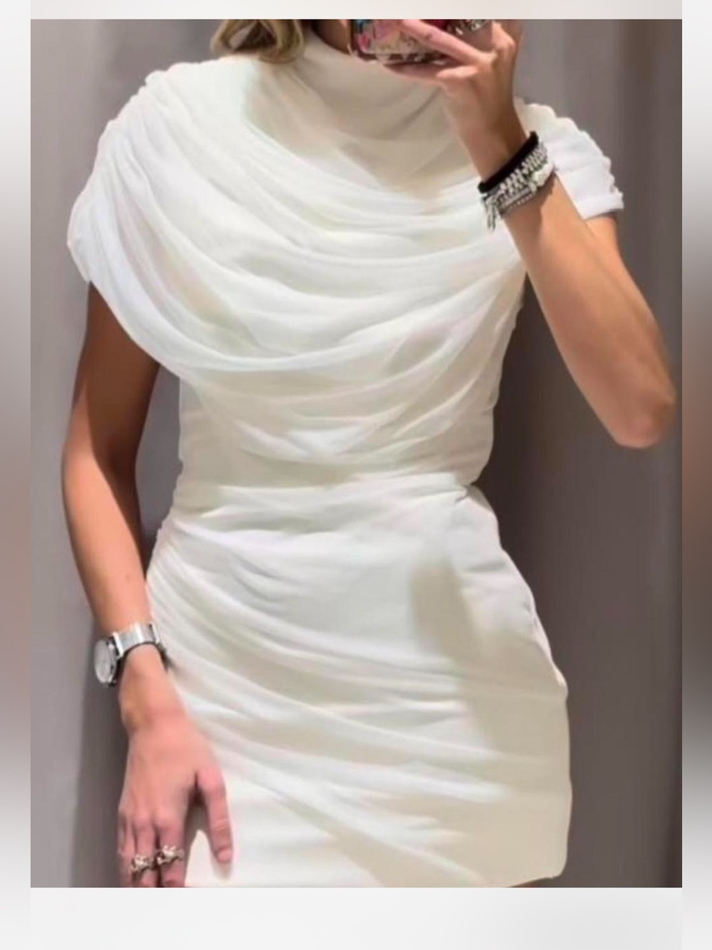 Zara White One-Shoulder Draped Sheath Dress